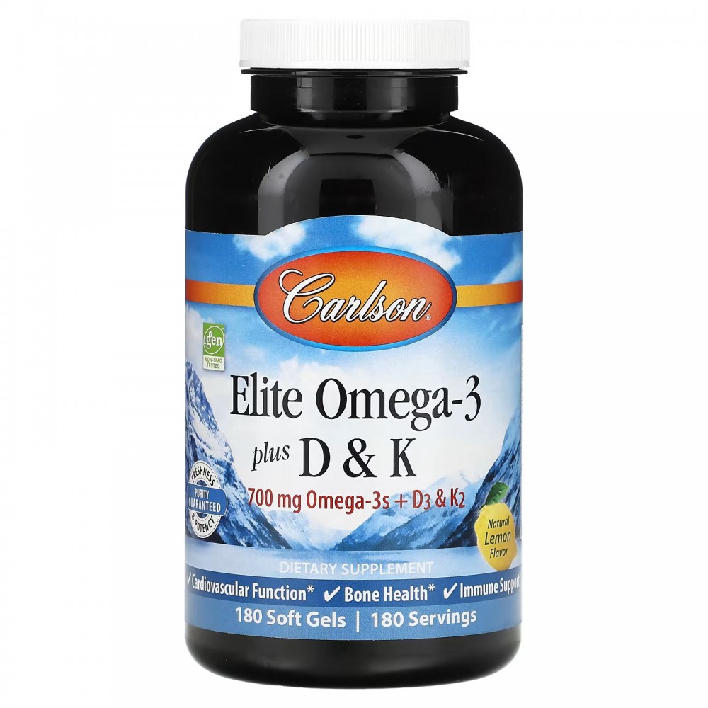 Carlson, Elite Omega-3 с витаминами D и K, натуральный вкус лимона, 180  мягких таблеток купить в Москве