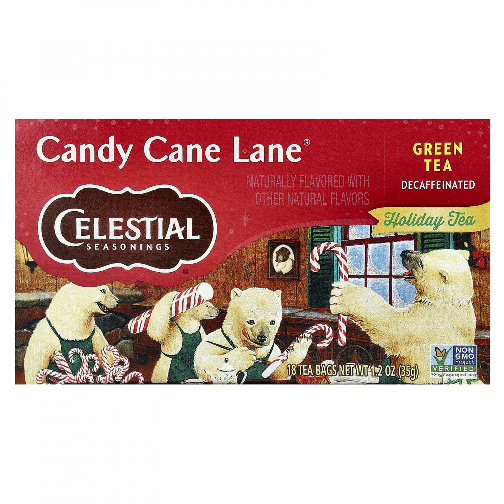 Celestial Seasonings, Holiday Green Tea, Candy Cane Lane®, без кофеина, 18 чайных пакетиков, 35 г (1,2 унции) в Москве - eco-herb.ru | изображение Celestial Seasonings, Holiday Green Tea, Candy Cane Lane®, без кофеина, 18 чайных пакетиков, 35 г (1,2 унции) в Москве - eco-herb.ru | фото