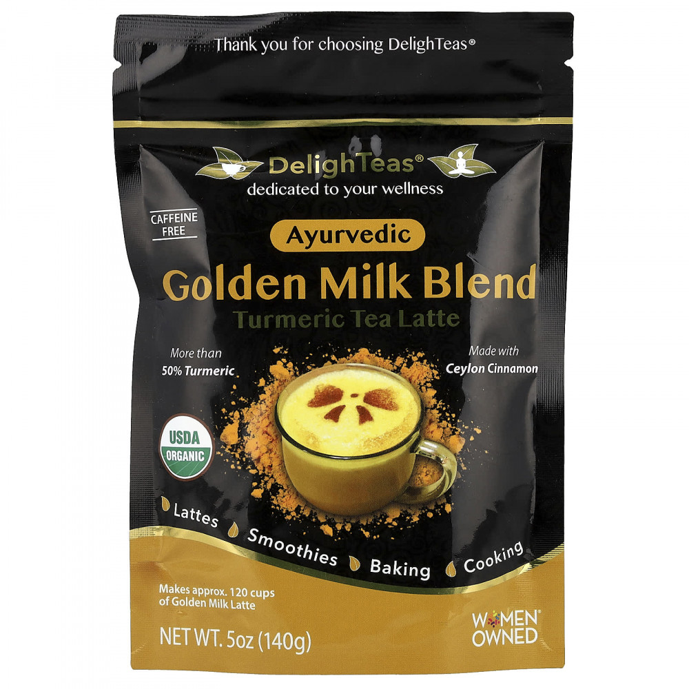 DelighTeas, Ayurvedic Golden Milk Blend, латте с чаем с куркумой, без кофеина, 140 г (5 унций) в Москве - eco-herb.ru | изображение DelighTeas, Ayurvedic Golden Milk Blend, латте с чаем с куркумой, без кофеина, 140 г (5 унций) в Москве - eco-herb.ru | фото