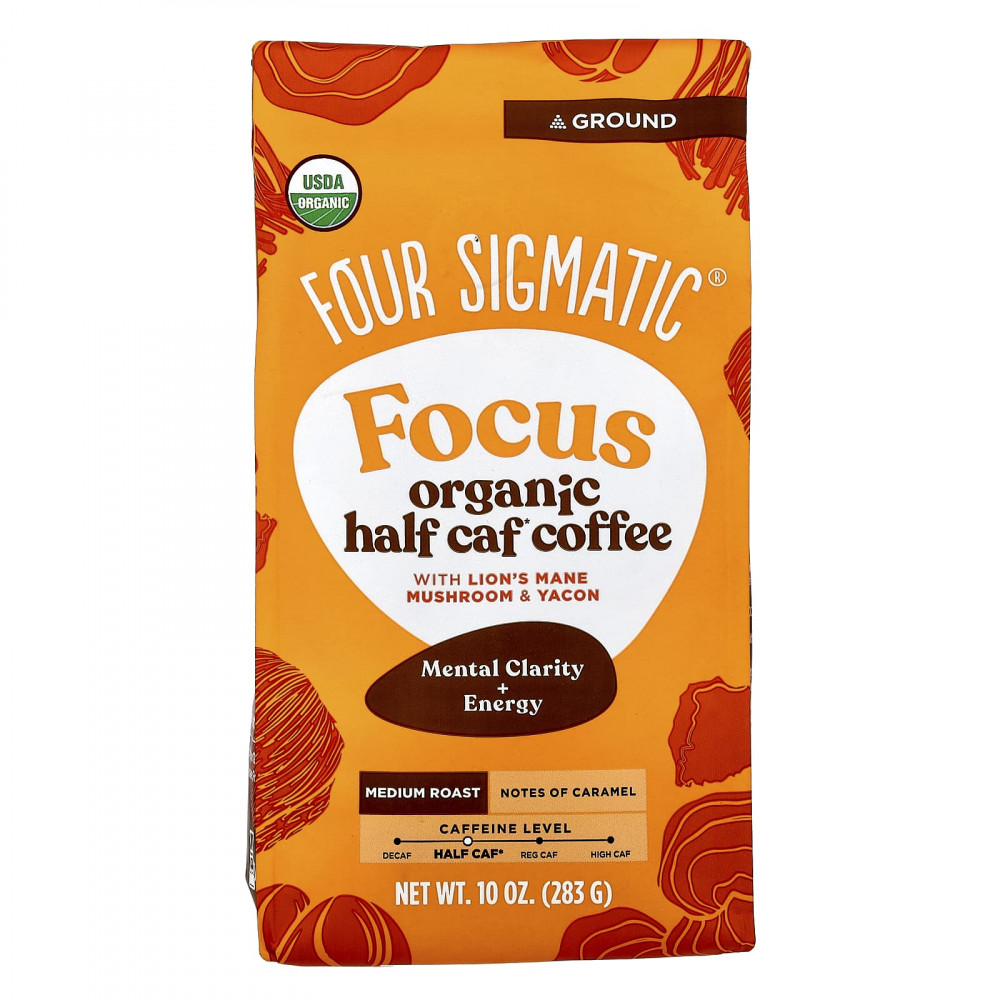 Four Sigmatic, Focus, органический полукофеиновый кофе с грибом ежовиком гребенчатым и яконом, молотый, средняя обжарка, 283 г (10 унций) в Москве - eco-herb.ru | изображение Four Sigmatic, Focus, органический полукофеиновый кофе с грибом ежовиком гребенчатым и яконом, молотый, средняя обжарка, 283 г (10 унций) в Москве - eco-herb.ru | фото
