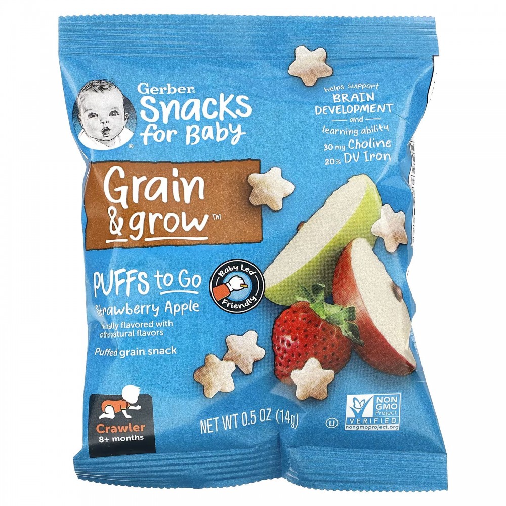 GERBER PUFFS Sweet Strawberry & Apple, Baby Snacks, Cereal Snack, 8+  months, 42 g, 6 Pack