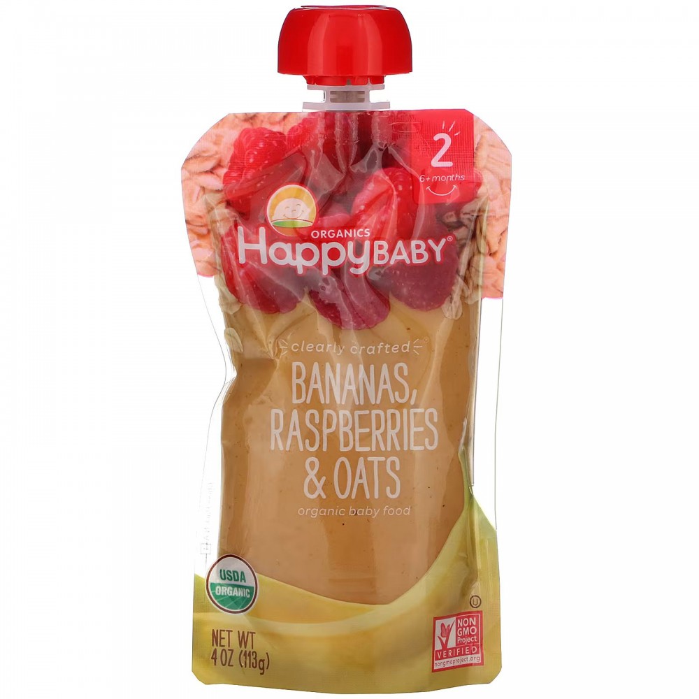 Happy Family Organics, Clearly Crafted, органическое детское питание, этап 2, для детей старше 6 месяцев, банан, малина и овсянка, 113 г (4 унции) в Москве - eco-herb.ru | фото
