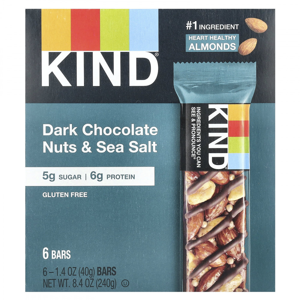 KIND Bars, Протеиновые батончики, темный шоколад, орехи и морская соль, 6 батончиков по 40 г (1,4 унции) в Москве - eco-herb.ru | изображение KIND Bars, Протеиновые батончики, темный шоколад, орехи и морская соль, 6 батончиков по 40 г (1,4 унции) в Москве - eco-herb.ru | фото
