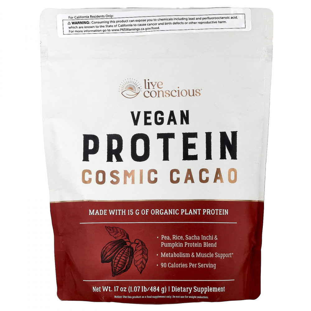 Live Conscious, Vegan Protein, Cosmic Cacao, 484 г (1,07 фунта) в Москве - eco-herb.ru | изображение Live Conscious, Vegan Protein, Cosmic Cacao, 484 г (1,07 фунта) в Москве - eco-herb.ru | фото