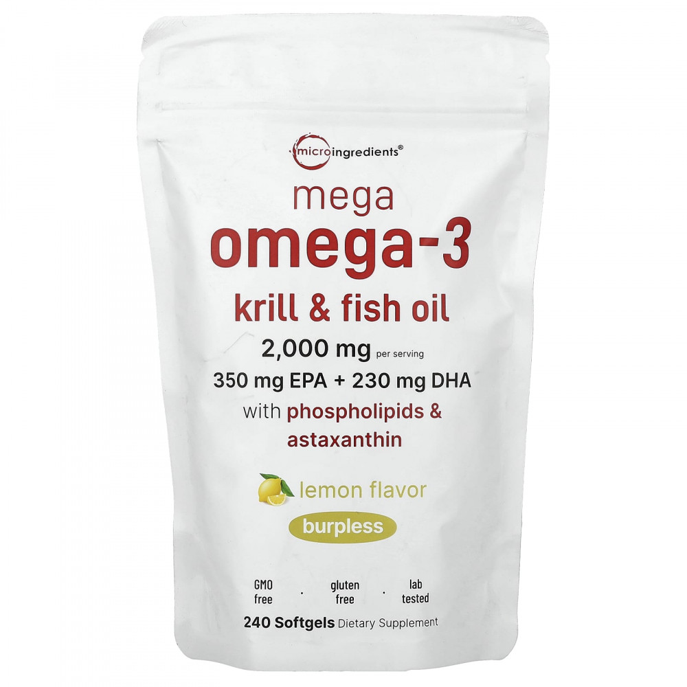 Micro Ingredients, Mega Omega-3, криль и рыбий жир с фосфолипидами и астаксантином, лимон, 240 капсул в Москве - eco-herb.ru | изображение Micro Ingredients, Mega Omega-3, криль и рыбий жир с фосфолипидами и астаксантином, лимон, 240 капсул в Москве - eco-herb.ru | фото
