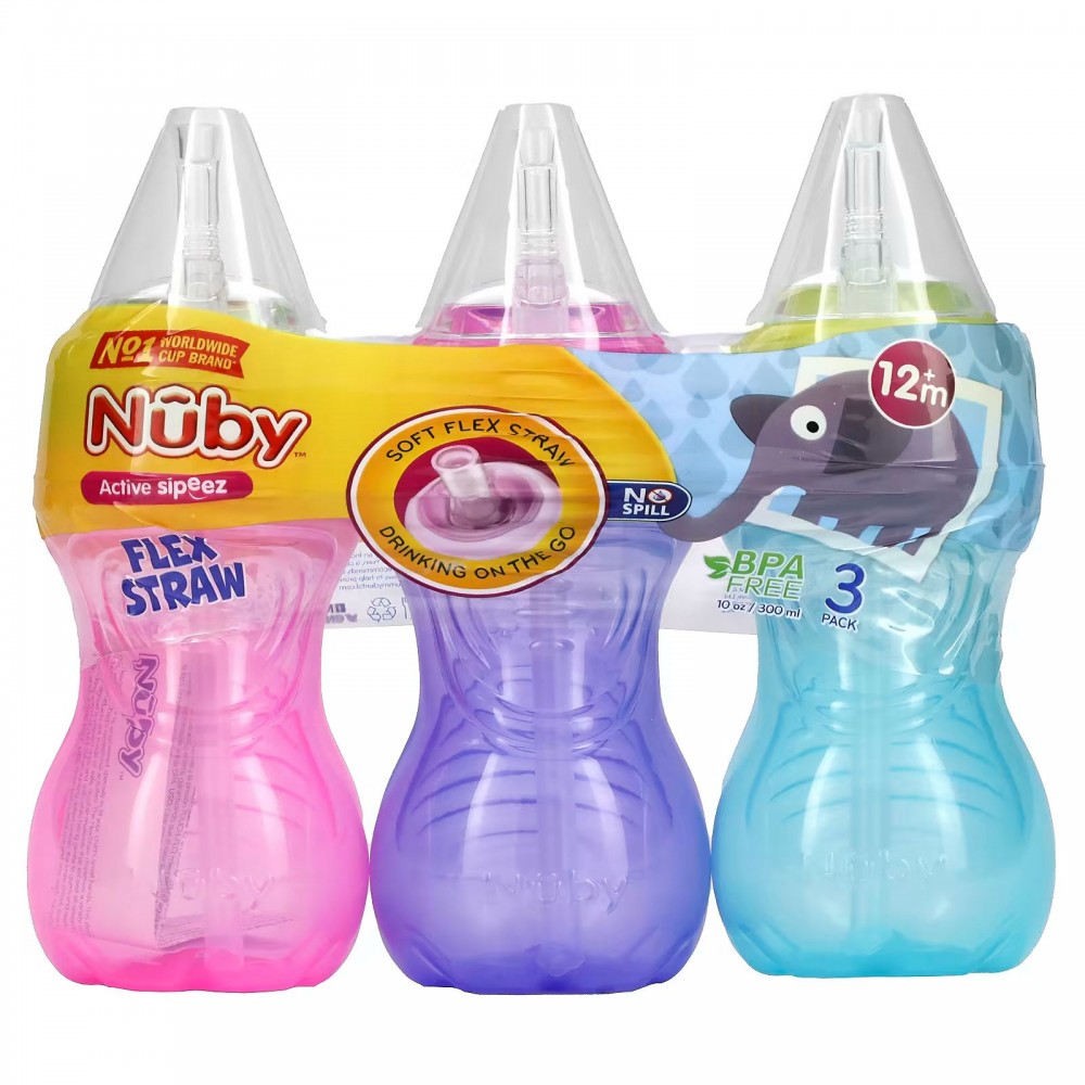 Nuby 2 Pack 10 Oz. Clik-It Cup with Flex Straw, Red & Blue 