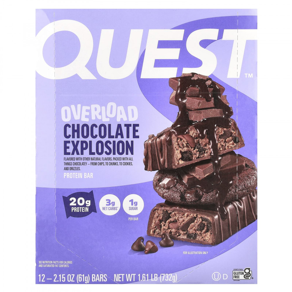 Quest Nutrition, Протеиновый батончик Overload, Chocolate Explosion, 12 батончиков, 61 г (2,15 унции) в Москве - eco-herb.ru | изображение Quest Nutrition, Протеиновый батончик Overload, Chocolate Explosion, 12 батончиков, 61 г (2,15 унции) в Москве - eco-herb.ru | фото