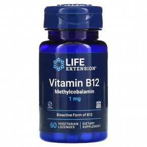 Life Extension, витамин B12, метилкобаламин, 1 мг, 60 вегетарианских пастилок - описание