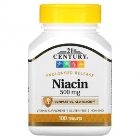 21st Century, Niacin, Prolonged Release, 500 mg, 100 Tablets - описание