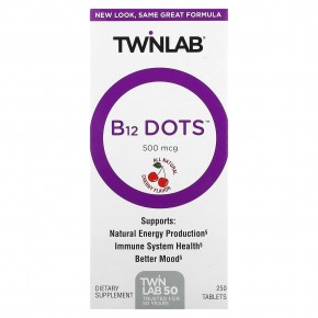 Twinlab, B-12 Dots, вишня, 500 мкг, 250 таблеток - описание