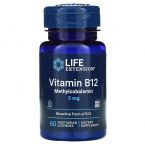 Life Extension, витамин B12, метилкобаламин, 5 мг, 60 вегетарианских леденцов - описание