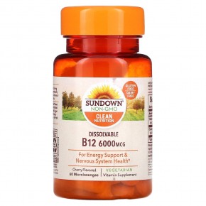 Sundown Naturals, Витамин B12 для рассасывания, ароматизатор «Вишня», 6000 мкг, 60 микропастилок для рассасывания в Москве - eco-herb.ru | фото