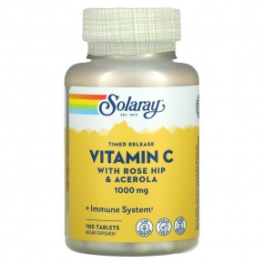 Solaray, витамин C с медленным высвобождением, шиповник и ацерола, 1000 мг, 100 таблеток - описание
