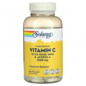 Solaray, витамин C с медленным высвобождением, с шиповником и ацеролой, 1000 мг, 250 растительных капсул - описание