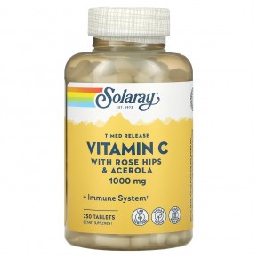 Solaray, витамин C с медленным высвобождением, с шиповником и ацеролой, 1000 мг, 250 таблеток - описание