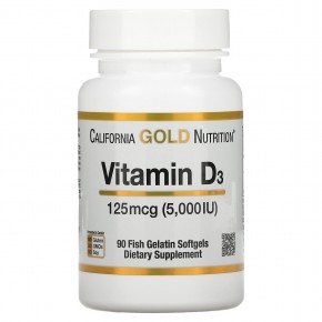 California Gold Nutrition, Vitamin D3, 125 mcg (5,000 IU), 90 Fish Gelatin Softgels - описание