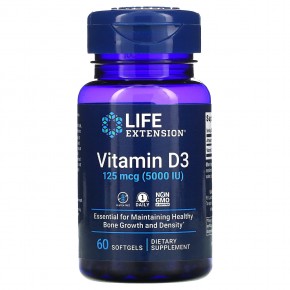 Life Extension, витамин D3, 125 мкг (5000 МЕ), 60 капсул - описание