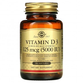 Solgar, витамин D3 (холекальциферол), 125 мкг (5000 МЕ), 100 капсул - описание