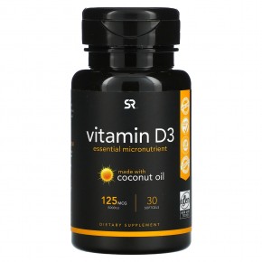 Sports Research, Витамин D3, повышенная сила действия, 125 мкг (5000 МЕ), 30 мягких таблеток - описание