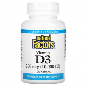 Natural Factors, витамин D3, 250 мкг (10 000 МЕ), 120 мягких таблеток - описание