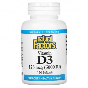Natural Factors, Витамин D3, 125 мкг (5000 МЕ), 120 мягких желатиновых капсул - описание