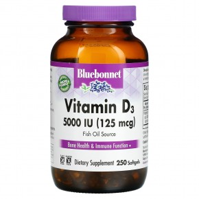Bluebonnet Nutrition, витамин D3, 125 мкг (5000 МЕ), 250 капсул - описание