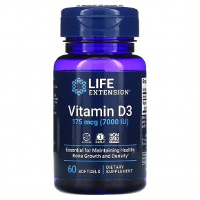 Life Extension, витамин D3, 175 мкг (7000 МЕ), 60 мягких таблеток - описание