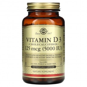Solgar, витамин D3 (холекальциферол), 125 мкг (5000 МЕ), 240 растительных капсул - описание