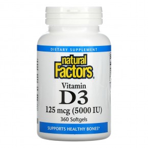 Natural Factors, Vitamin D3, 5,000 IU, 360 Softgels - описание