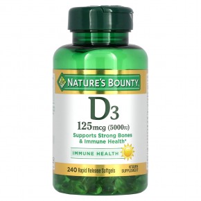Nature's Bounty, Витамин D3, 125 мкг (5000 МЕ), 240 мягких желатиновых капсул с быстрым высвобождением действующего вещества - описание