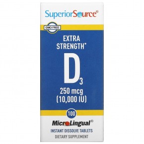 Superior Source, витамин D3 повышенной силы действия, 250 мкг (10 000 МЕ), 100 быстрорастворимых таблеток MicroLingual - описание