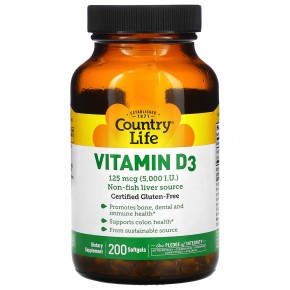 Country Life, витамин D3, 125 мкг (5000 МЕ), 200 капсул - описание