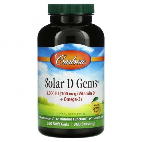 Carlson, Solar D Gems®, витамин D3 и омега-3, натуральный лимон, 360 мягких таблеток - описание
