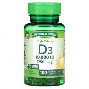 Nature's Truth, Vitamin D3, High Potency, 250 mcg (10,000 IU), 100 Quick Release Softgels - описание