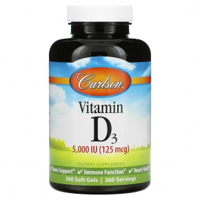 Carlson, Vitamin D3, 125 mcg (5,000 IU), 360 Soft Gels - описание