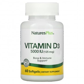 NaturesPlus, витамин D3, 125 мкг (5000 МЕ), 60 мягких таблеток - описание
