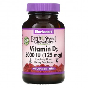 Bluebonnet Nutrition, витамин D3, малина, 5000 МЕ (125 мкг), 90 жевательных таблеток - описание