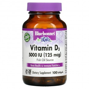 Bluebonnet Nutrition, витамин D3, 125 мкг (5000 МЕ), 100 мягких таблеток - описание