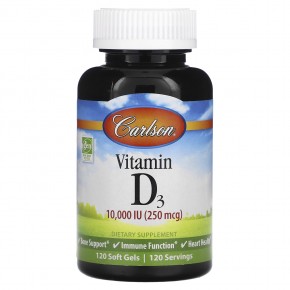 Carlson, Vitamin D3, 250 mcg (10,000 IU), 120 Soft Gels - описание