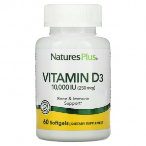 NaturesPlus, Витамин D3, 10 000 МЕ (250 мкг), 60 мягких таблеток - описание