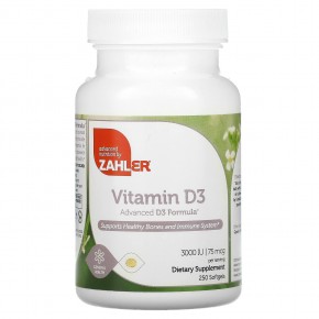 Zahler, Витамин D3, улучшенная формула D3, 3000 МЕ, 250 мягких желатиновых таблеток - описание