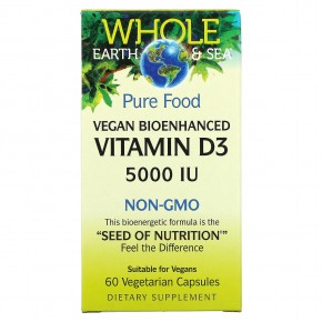 Natural Factors, Whole Earth & Sea, Веганский биоусиленный витамин D3, 5000 МЕ, 60 вегетарианских капсул в Москве - eco-herb.ru | фото