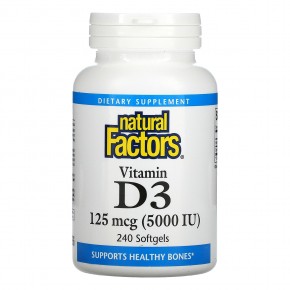 Natural Factors, Витамин D3, 125 мкг (5000 МЕ), 240 мягких таблеток - описание