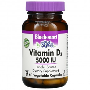 Bluebonnet Nutrition, Витамин D3, 125 мкг (5000 МЕ), 60 растительных капсул - описание