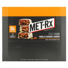 MET-Rx, Big 100, батончик, заменяющий прием пищи, со вкусом ванильного и карамельного чуррос, 9 батончиков по 100 г (3,52 унции) - описание