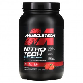 MuscleTech, Nitro-Tech, сывороточный изолят + смесь для роста сухой мышечной массы, клубничный вкус, 907 г (2 фунта) - описание