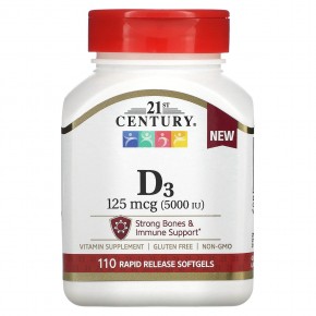 21st Century, витамин D3, 125 мкг (5000 МЕ), 110 капсул быстрого высвобождения - описание