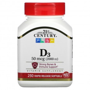 21st Century, витамин D3, 50 мкг (2000 МЕ), 250 мягких таблеток - описание