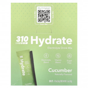 310 Nutrition, Hydrate, Electrolyte Drink Mix, Cucumber, 30 Sticks, 0.19 oz (5.4 g) Each - описание