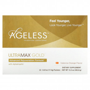 Ageless Foundation Laboratories, UltraMax Gold, улучшенная формула омоложения с альфатрофином, со вкусом валенсийского апельсина, 22 пакетика по 17,4 г каждый в Москве - eco-herb.ru | фото